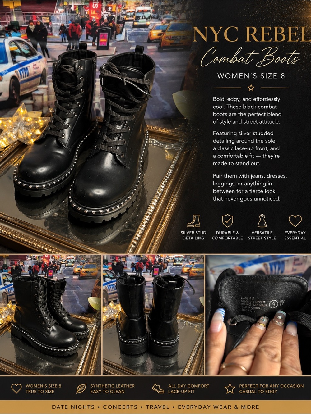 Black Combat Boots with Silver Stud Detailing